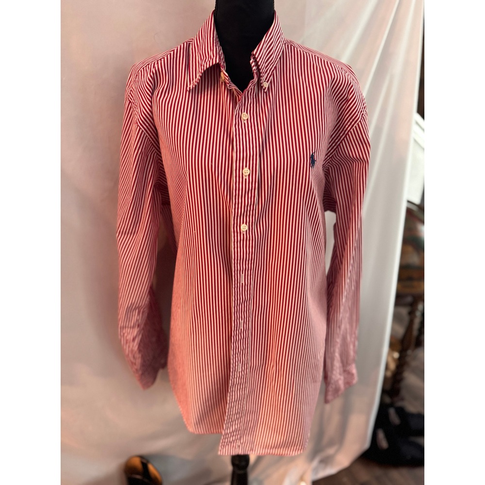 Ralph Lauren Classic Fit Red White Striped Button Down Shirt Mens XL Long Sleeve
